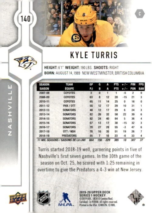 2019-2020 Upper Deck Hockey #140 Kyle Turris Nashville Predators Series 1 - Image 2 of 2