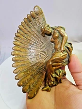 Bronze/Brass Lady Peacock Feather Victorian Art Nouvea Ashtray/Trinket Soap dish