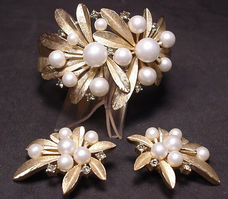 Trifari Crown Pearl Rhinestone Starburst Bracelet & Earrings Mid Century Design