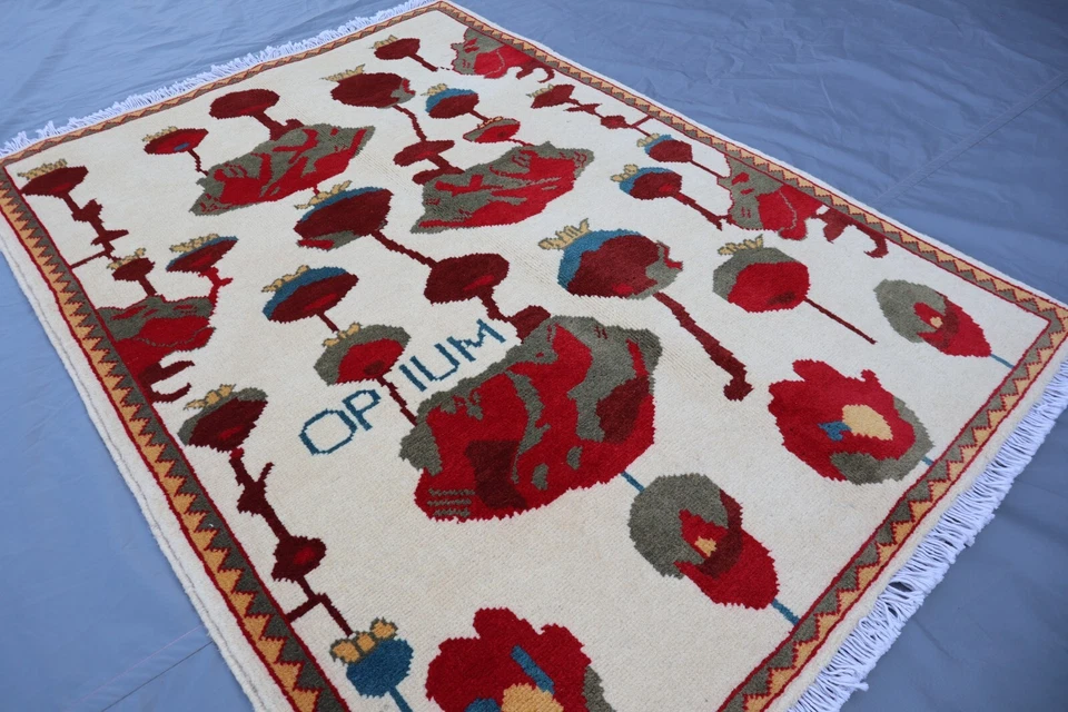 2x3 Opium Poppy Afghan Rug - Vintage Pictorial War Carpet - Handmade Wool Tribal - Image 4 of 4