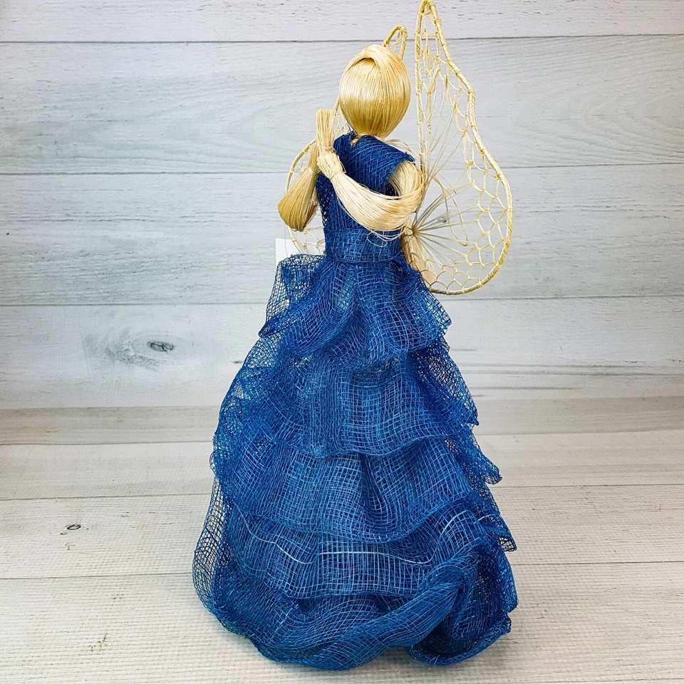 Handmade 12" Angel Tree Topper Blue Burlap Mesh Straw Wings Fairtrade Philip NEW - Image 2 of 4
