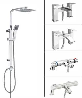 BW-HOUSEWARE Bathroom Square Shower Mixer Waterfall Tap Kit Riser Rail Hose Chrome Twin Heads