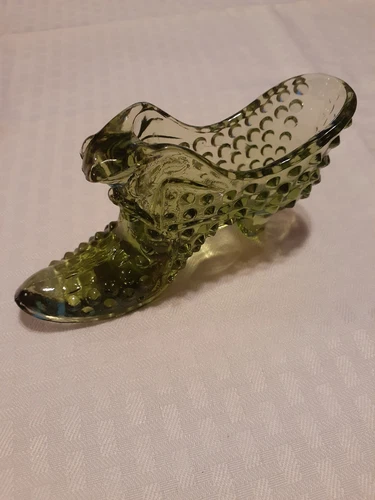 Fenton Hobnail Green Victorian Glass Shoe With Cat