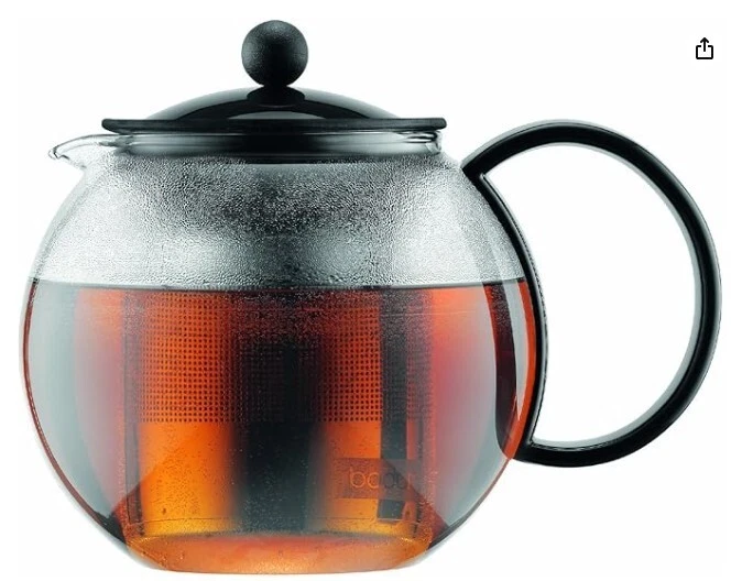 New ! Bodum 34oz Assam Glass Tea Press, Stainless Steel Filter, Black Plastic