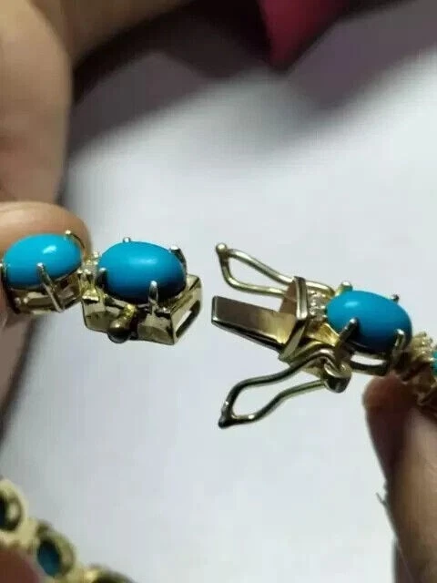 Women Tennis Bracelet 14K Yellow Gold Over 12CT Oval Sleeping Beauty Turquoise - Image 2 of 4