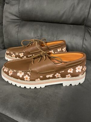 New SPERRY TOP SIDER Floral Pink Orange Leather Lug Vibram Loafer Men s Size 9