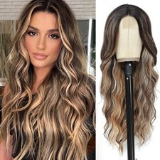 Peluca larga ombre para mujer parte media peluca ondulada con raíces oscuras peluca frontal de encaje 4x2