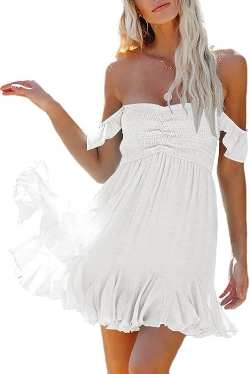 Fixmatti Women Summer Smock Tube Top Off Shoulder Ruffles A Line Flowy Dress M
