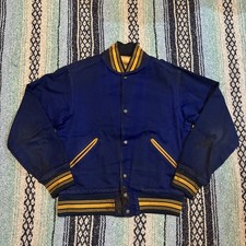 True Vintage Varsity Baseball Club Jacket Reversible Navy Blue Yellow Distressed
