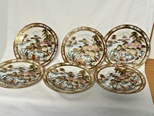 Japanese Kutani Plates 6 Porcelain Landscape with Geishas Gold Edge