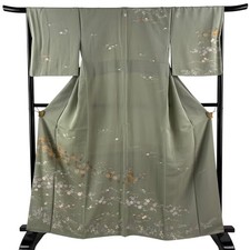 Japanese Silk Houmongi Kimono M 162cm Grayish green Chrysanthemum Excellent 3143