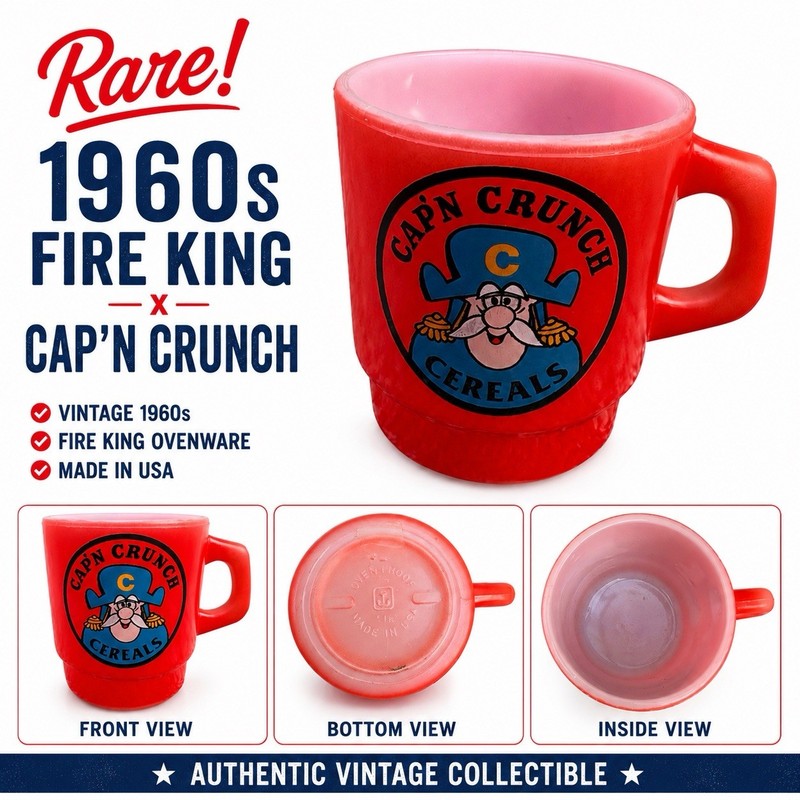 RARE Vintage Fire King Cap’n Crunch Cereal Red Mug Anchor Hocking Made In USA