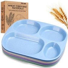 8 Pack Unbreakable Divided Plates,9 Inch Wheat Straw Divided Plate,4 Compartm...