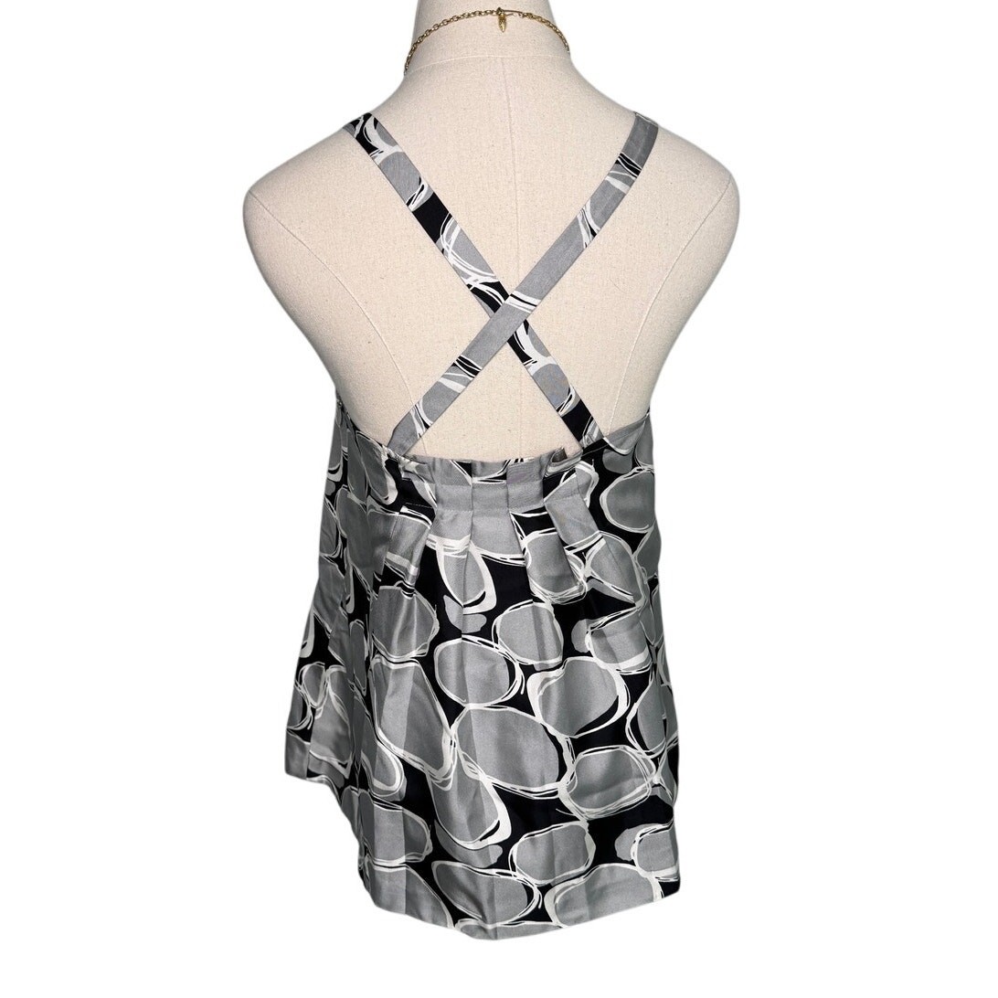 Y2K Ellavie silk geometric print adjustable strap blouse black silver size 12