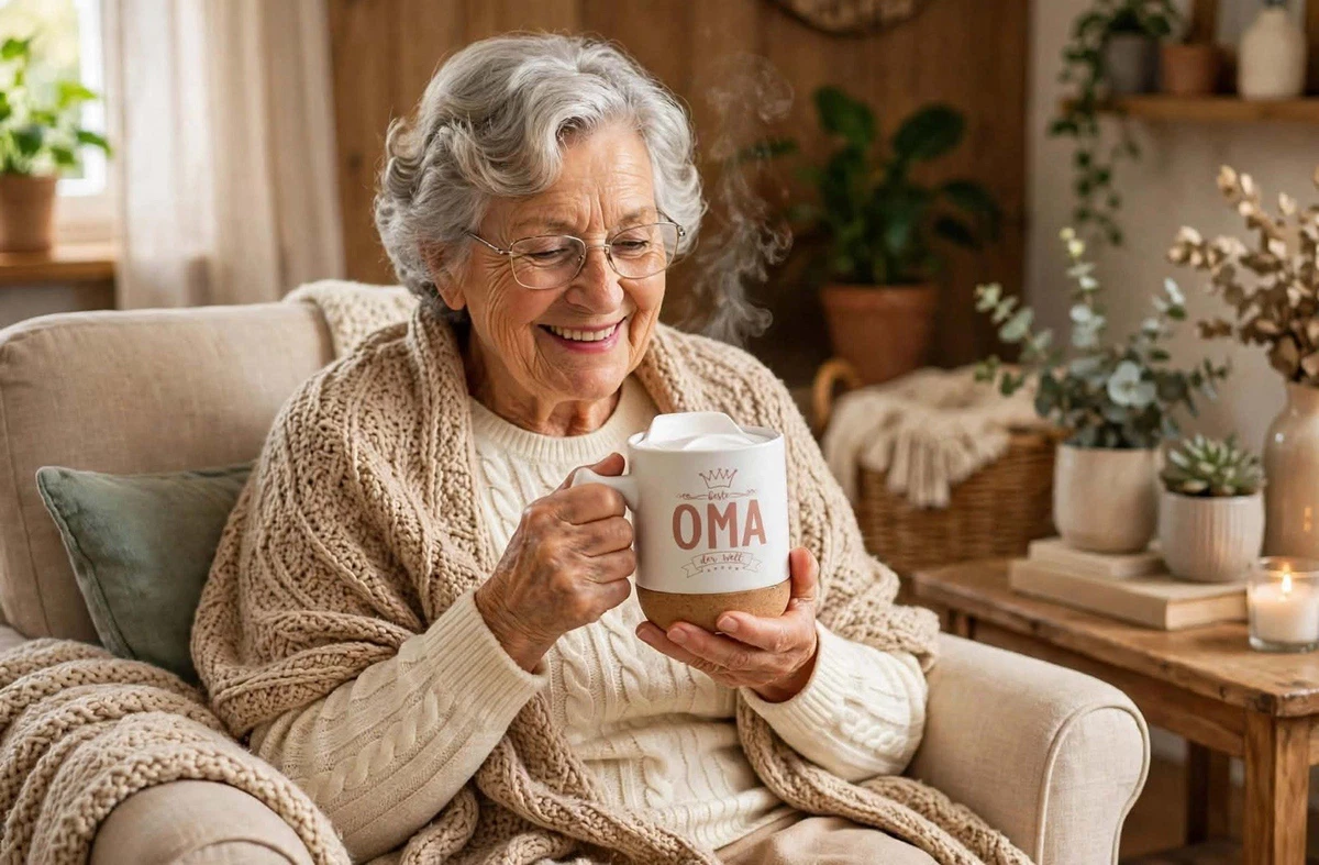 Kaffeebecher Keramik mit Deckel & Korkboden, weiß/rosa für die beste Oma