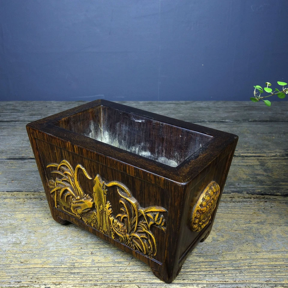 Queimador de incenso esculpido amarelo bambu incrustado clássico antigo de sândalo porcelana 7,1" - Imagem 4 de 4