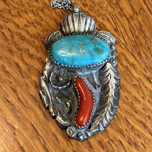 Navajo Statement Turquoise Coral Sterling Silver Pendant Vintage Lovely Large 55 - Picture 3 of 14
