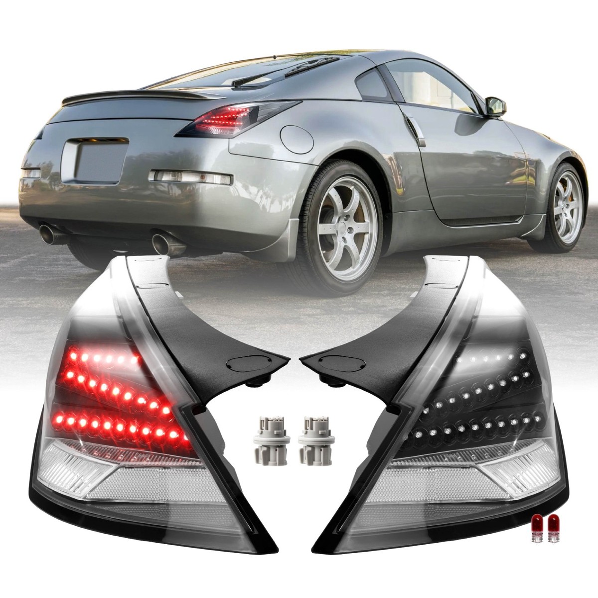 MONOCHROME Black/Clear Z Shape LED Tail Lights + Sockets For 06-09