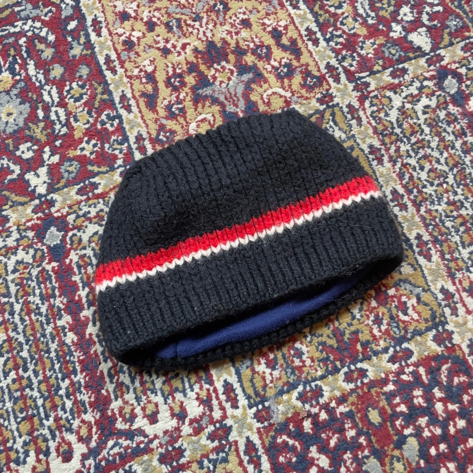 VTG 80s 90s Wool Knit Striped Black Red White Micro Beanie Hat Lined skater y2k