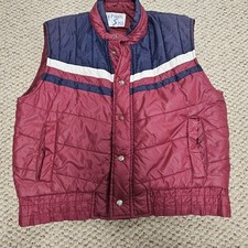 VTG 70s Alpine Ski Puffer Vest Snap Front Nylon Quilted Maroon Blue