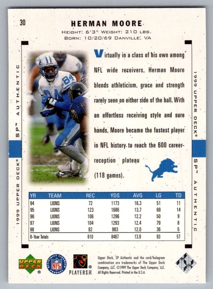 1999 SP Authentic Herman Moore Detroit Lions #30 - Image 2 of 2