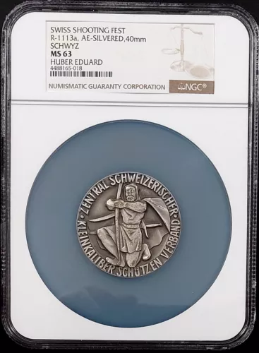 Swiss Shooting Fest Medal, R-1113a, AE-Silvered, 40 mm, Schwyz, NGC MS 63!