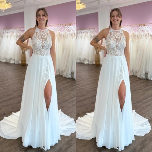 Strand Chiffon Brautkleider mit Seitenschlitz Neckholder ÄrmellosBrautkleider