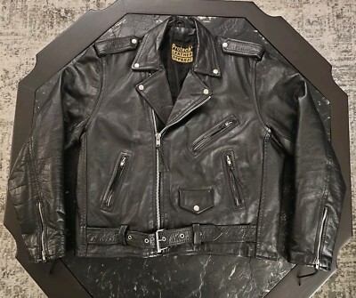 Vintage Protech Leather Motorcycle Jacket Mens L 50 Black Brando Biker Moto