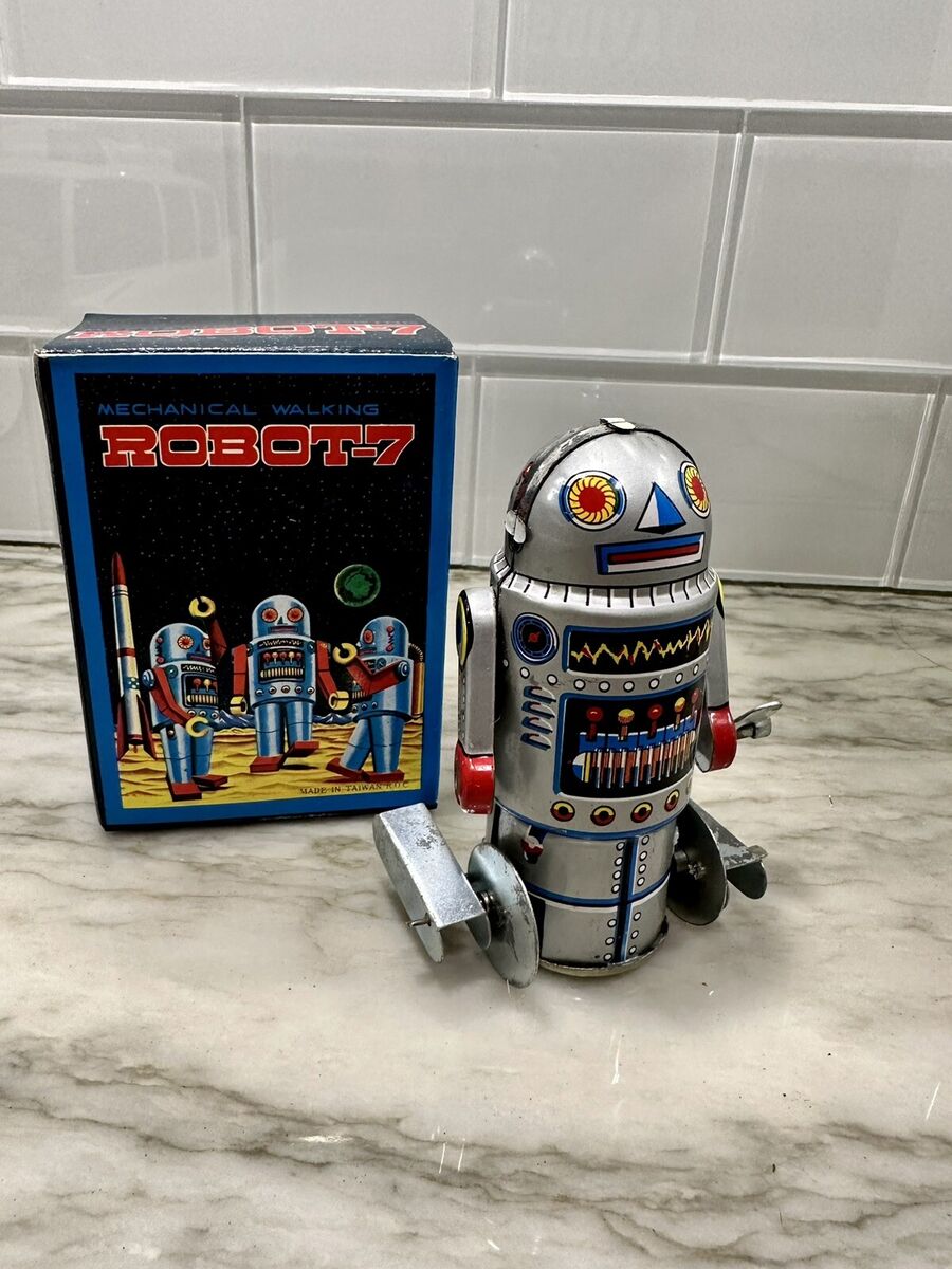 Vintage Retro Robot-7 Wind-up Mechanical Tin Litho Toy Vintage Retro Robot-7 Wind-up Mechanical Tin Litho Toy