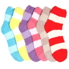 6 Pairs Women Girl Soft Winter Slipper Cozy Fuzzy Stripe Slipper Socks 9-11 Lot