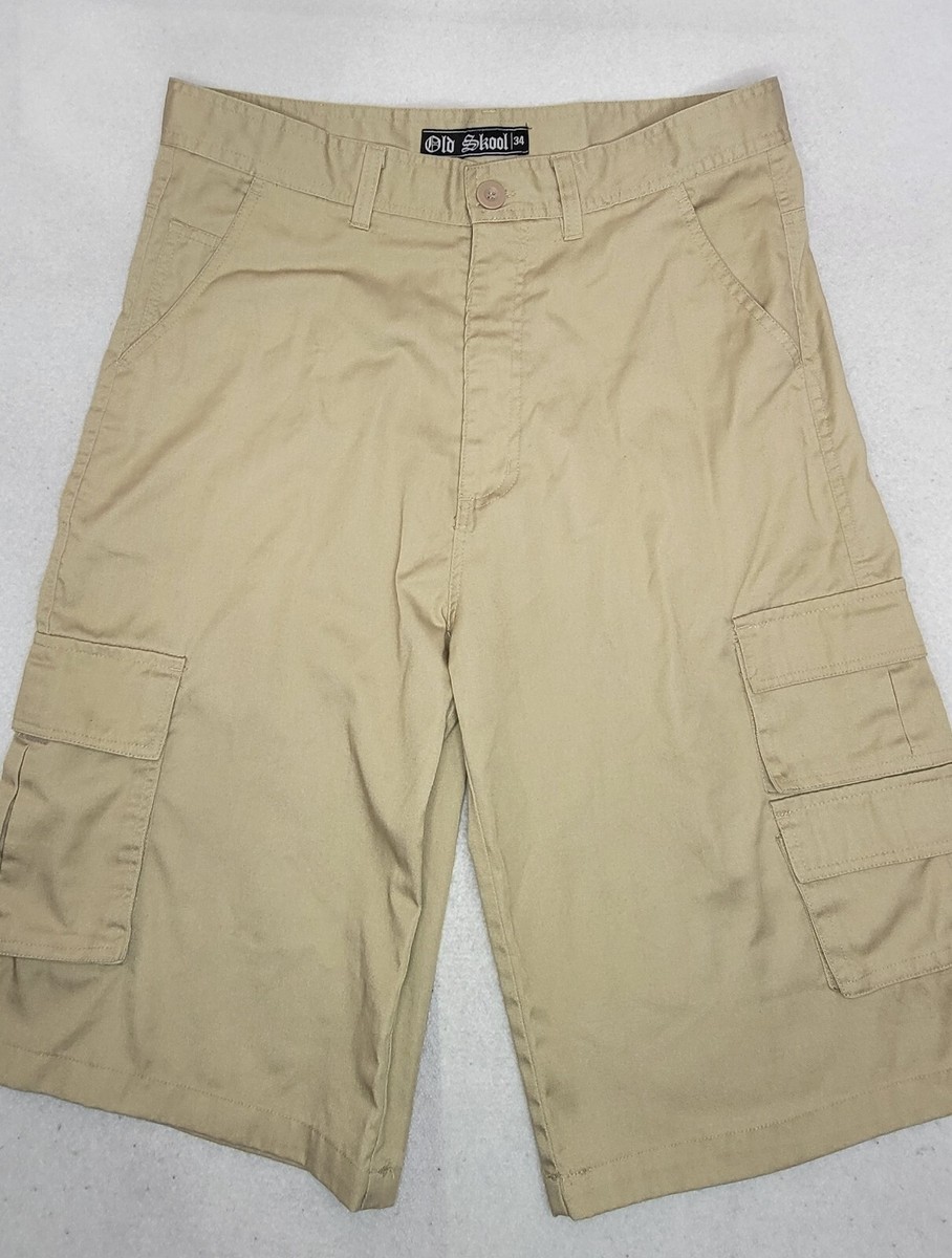 Old Skool Cargo Shorts Mens 34W Beige Khaki Skater Baggy Y2K