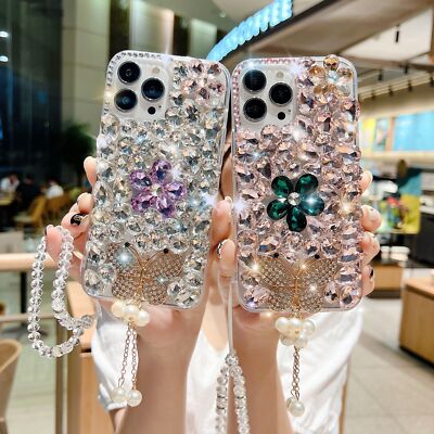 3D Rhinestone Flower Bling Case for iPhone & Samsung Phone Women Covers Bracelet