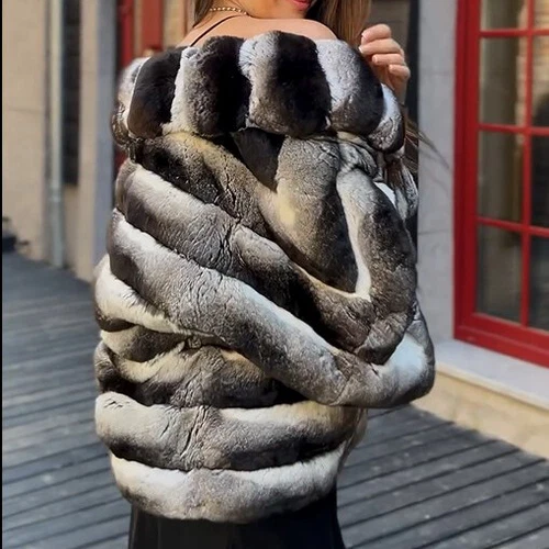 2025 Elegante Frauen Echte Rex Kaninchen Pelz Mantel Chinchilla Mantel Neu Jacke - Picture 7 of 8