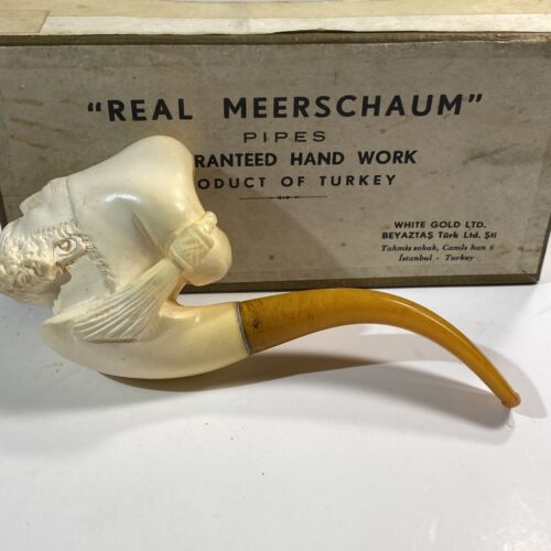 Antiker echter Meerschaum Istanbul Truthahnpfeife weiß mit Box - Bernsteinstamm - Bild 2 von 8