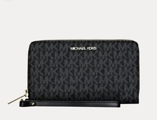 NWT Michael Kors Jet Set Large Black Signature Logo Smartphone Wallet Wristlet