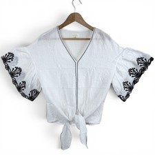 Max Studio Women's White Black Embroidered Kimono Blouse Size M Boho Top