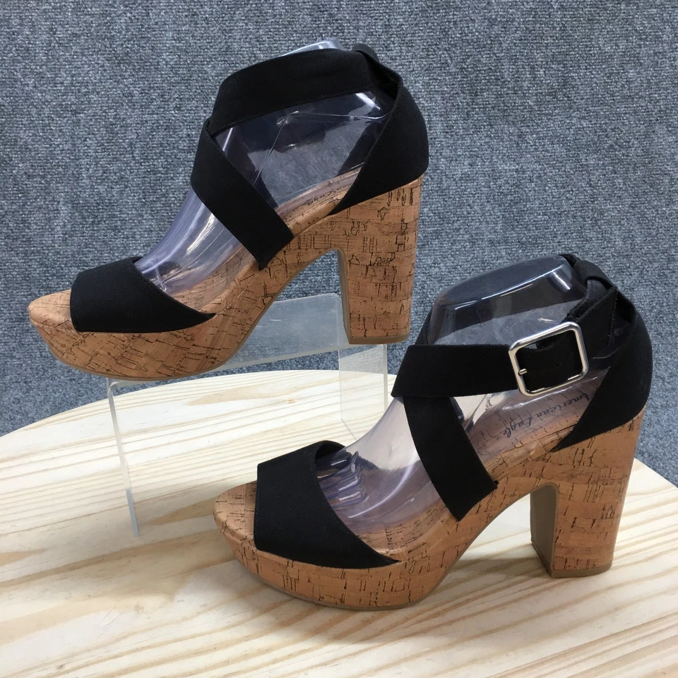 American Eagle Outfitters Heels Womens 9.5 Strappy Black Open Toe Buckled Block - Image 2 of 4