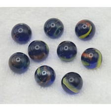 Lot of 9 Cobalt Blue Glass Marbles Yellow Green Orange Swirls Vintage Style