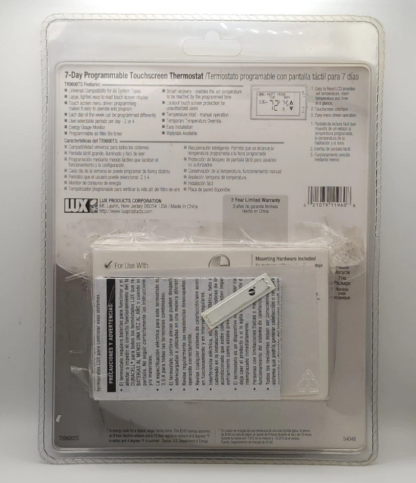 Lux TX9600TS Touchscreen Programmable Thermostat - White - Image 3 of 3