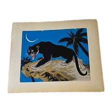 Art Deco Japanese Silk Painting Black Panter 16"x 13" Unframed VTG