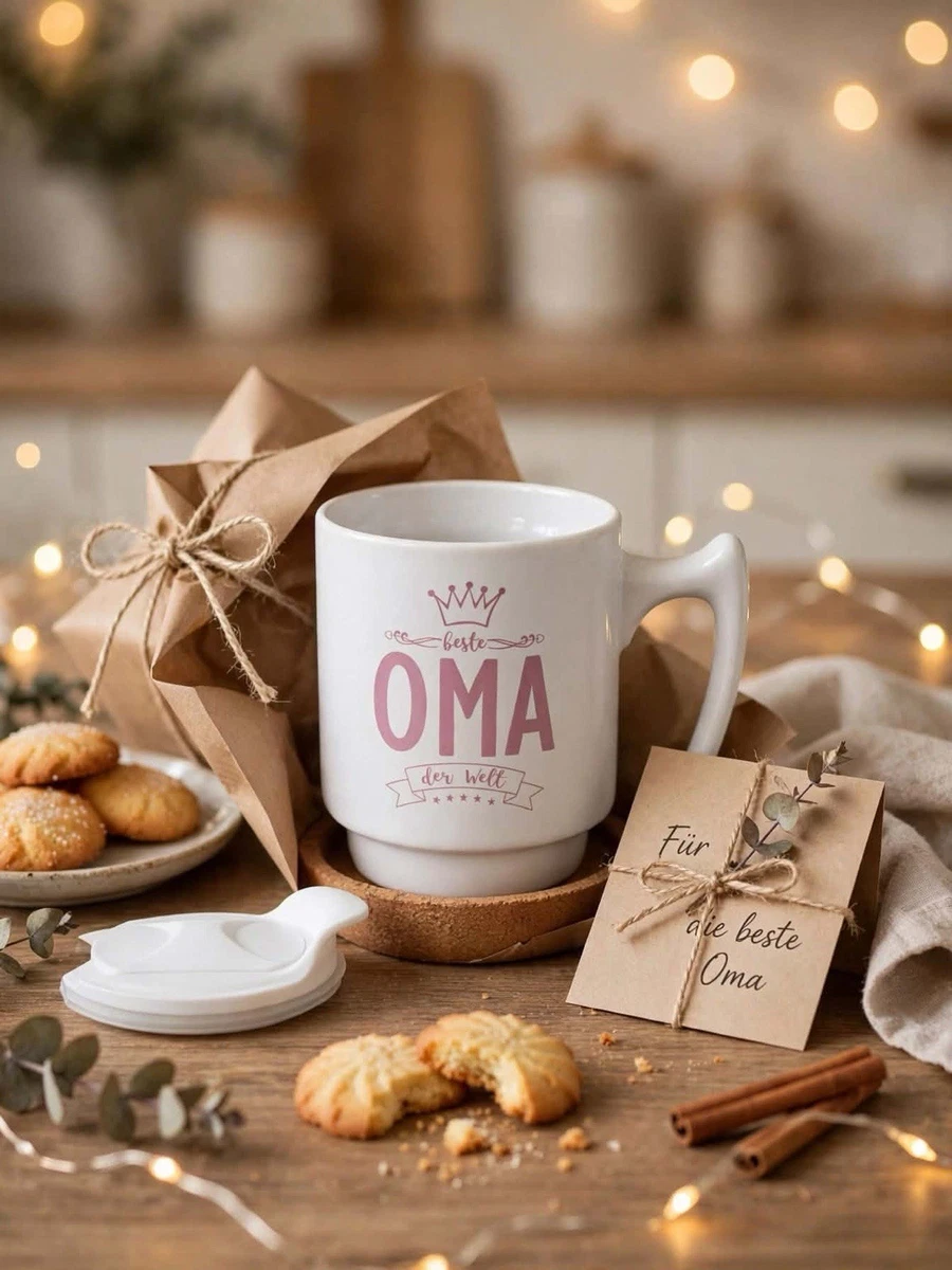 Kaffeebecher Keramik mit Deckel & Korkboden, weiß/rosa für die beste Oma