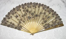 Antique Victorian Fan Hand Painted Silk Lace and Wood Sticks 1880's