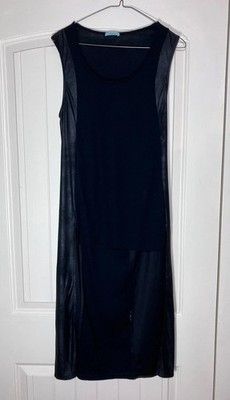 kookai black midi dress Kookai Women Sz 2 Black Sleeveless Midi Dress Faux Leather Trim Modern Chic