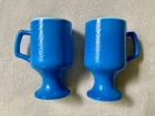 2 Vintage Anchor Hocking Blue Milk Glass Pedestal Coffee Mugs