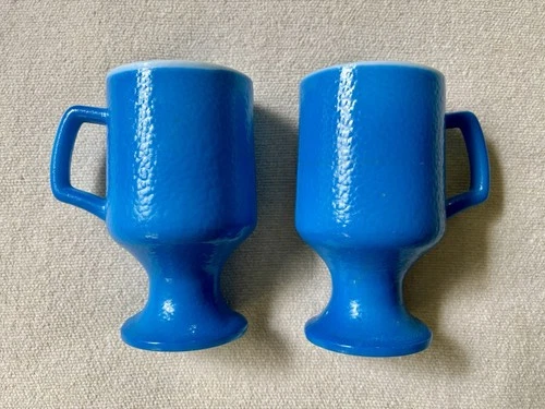 2 Vintage Anchor Hocking Blue Milk Glass Pedestal Coffee Mugs