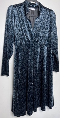 GALLERY Dunnes Stores Blue Roses Black Velvet High Collar Dress Size UK 14