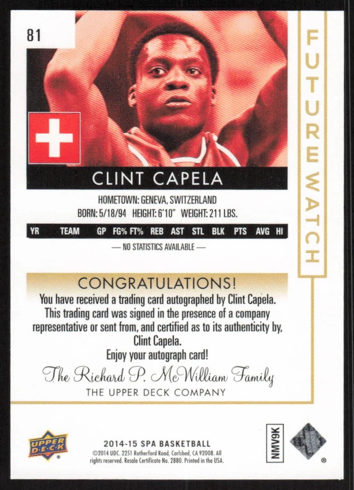 2014-15 SP Authentic Future Watch Rookie Auto #81 Clint Capela /475 Rockets - Image 2 of 2
