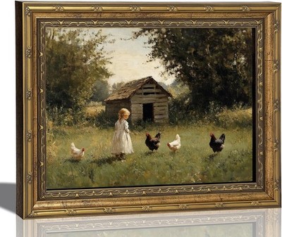 Gold Framed Canvas Wall Art, Rustic Vintage Farmhouse Girl Painting Picture Wall