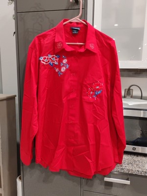 LAS OLAS  Womens Red Blouse Bling Embellished  Flowers Button Up Shirt SIZE XL