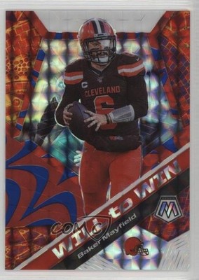 2020 Panini Mosaic Will to Win Reactive Blue Prizm 18/99 Baker Mayfield h9z